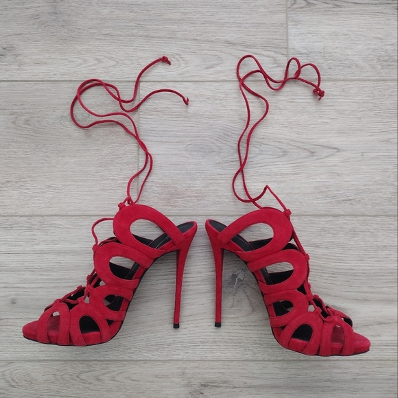 NEW Giuseppe Zanotti Caged Lace Up Red Suede Heels Size 38 - Picture 4 of 8